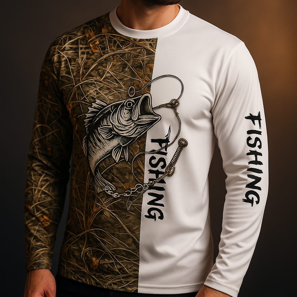 Camisa de Pesca Masculinas de Manga Longa - Secagem Rápida - Marrom Com Branco