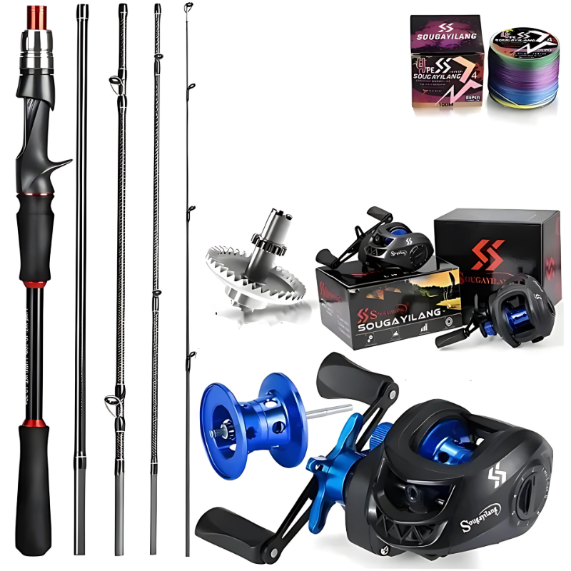 Kit De Pesca Sougayilang Vara Fibra De Carbono Carretilha Drag 8kg Brinde Linha